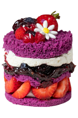 Layered fruitcake. Cake with strawberries, raspberry sauce and cream isolated on white background....