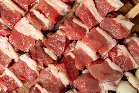 Lamb skewered meat. Close-up barbecue meat made from lamb legの写真素材