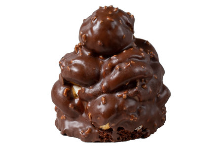 Chocolate cake isolated on white background. Dessert with chocolate sprinkled on profiteroles...