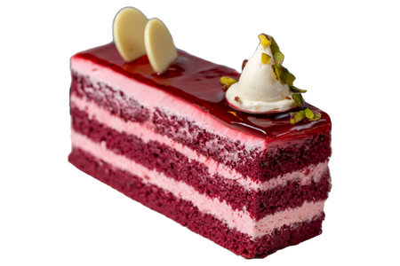 Raspberry cake isolated on white background. Layered raspberry cake slice. Bakery products. close up