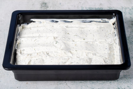 Haydari on gray background. Yogurt, mint and butter appetizer. healthy appetizersの写真素材