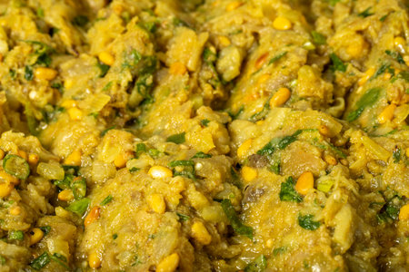 Sicilian Appetizer prepared with olive oil, curry, pistachios and eggplant. healthy appetizers. food backgroundの写真素材