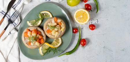 Artichoke with vegetables on gray floor. Artichoke dinner made with olive oil, potatoes, carrots and onions. healthy food. Top view. Copy space. Empty space for textの写真素材