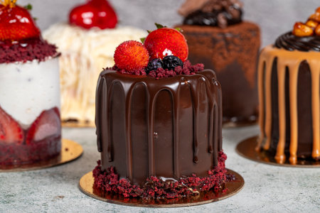 Types of cakes. Assortment of chocolate and fruit cakes on a gray backgroundの写真素材