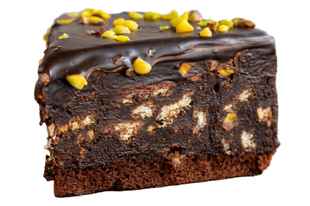 Mosaic cake isolated on white background. Homemade pistachio mosaic cake. close up