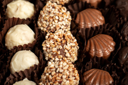 Truffle chocolate. Various chocolate pralines in bulk. close up