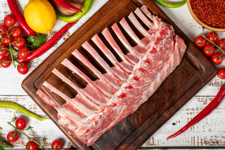 Lamb rack cutlet on wood background. Raw lamb chops with herbs and spicesの写真素材