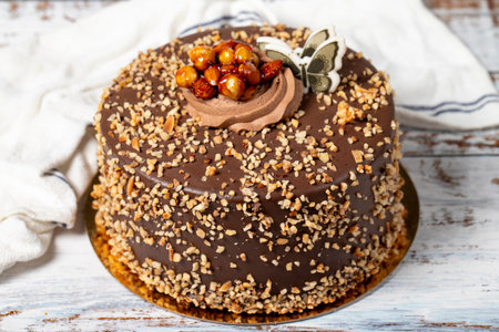 chocolate cake Hazelnut and chocolate birthday cake on a white background.の写真素材