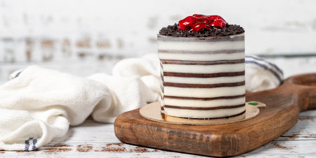 Raspberry cake. Delicious chocolate covered cake on a white background. Copy space. Empty space for...