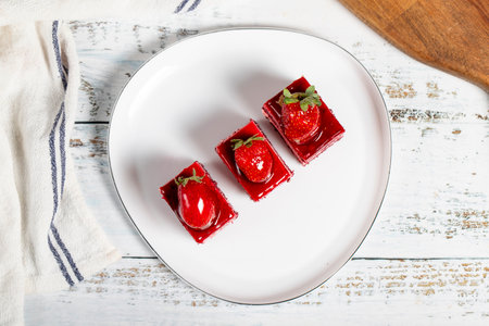 Small slices of cake. Strawberry and cream cake slices on a plate. snack sweet food top viewの写真素材