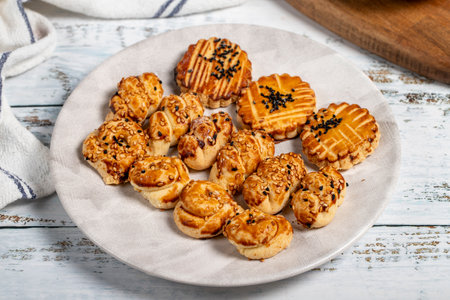 Salty Cookies. Freshly baked delicious cookies on a plate. Close upの写真素材