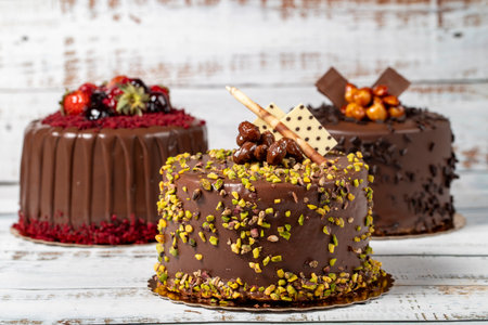Varieties of chocolate cake. Various birthday cakes on wooden background. patisserie products