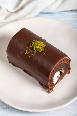 chocolate cake Delicious slice of cake on wooden background. patisserie products. Close up