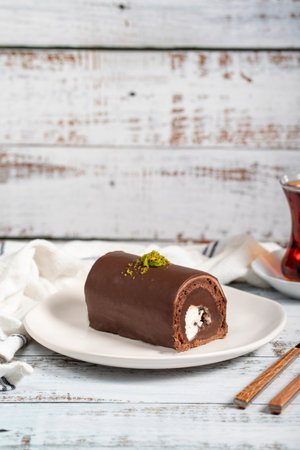 chocolate cake Delicious slice of cake on wooden background. patisserie products