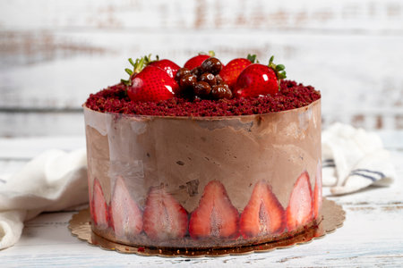 Birthday cake. Strawberry and cream cake on a white background. Close up