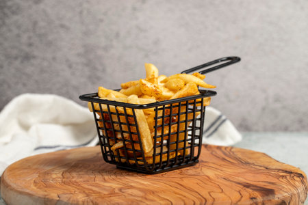 French fries. Spicy French fries on serving boardの写真素材