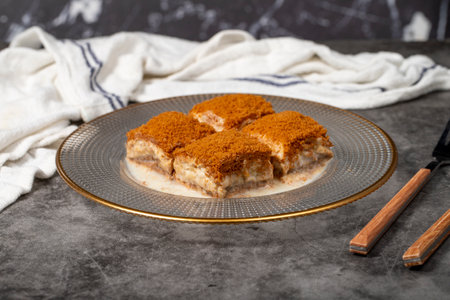 Cold baklava with biscuits. Cold baklava with biscuit filling on a dark background. local name cold baklava with lotusの写真素材
