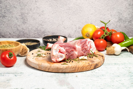 Lamb's shank. Butcher products. Lamb shank steak with bones on stone backgroundの写真素材