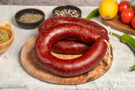 Spicy beef sausage. Butcher products. Turkish beef sausage on stone background