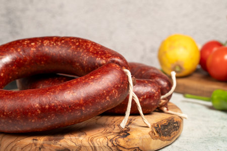 Spicy beef sausage. Butcher products. Turkish beef sausage on stone backgroundの写真素材