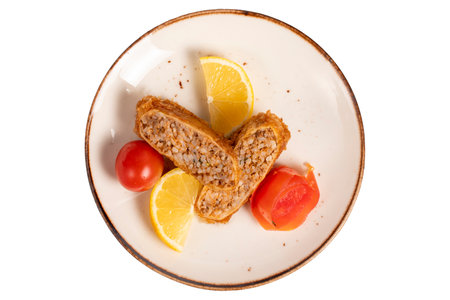 Kadinbudu meatballs. Appetizer dishes. Traditional Turkish meatballs isolated on white background. local name bayanbudu meatballs. top viewの写真素材