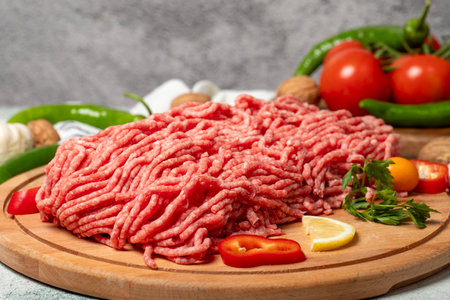 ground beef Raw ground beef or minced meat on wood serving board. Close upの写真素材