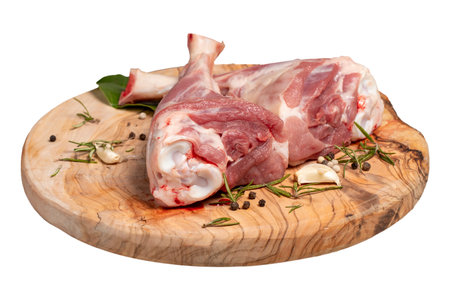Lamb's shank. Butcher products. Lamb shank steak with bones isolated on white background.の写真素材
