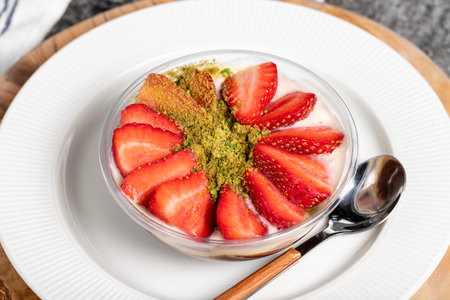 Strawberry magnolia dessert. Strawberry pudding dessert on wooden serving board. Famous dishes of Turkish cuisineの写真素材