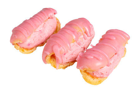 Strawberry cream eclair. Strawberry eclair dessert isolated on white background.