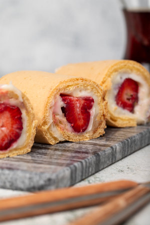 Strawberry roll dessert on gray backgroundの写真素材