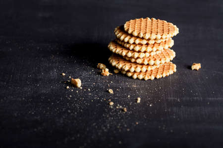 Waffles in a stack on blackboardの写真素材