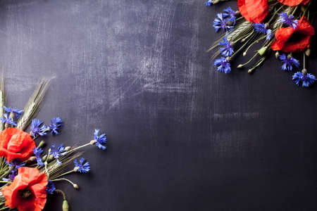 Red poppies with blue cornflowers and rye on the corners of old blackboard with scratchesの写真素材