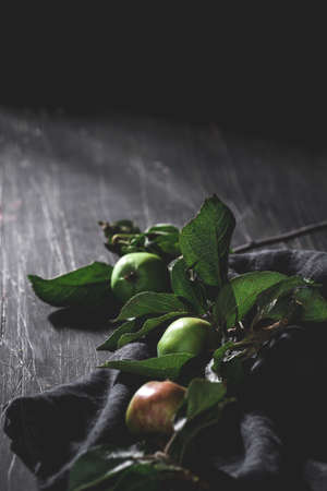 Branch of apples with green leaves and black napkin on rustic, wooden tableの写真素材