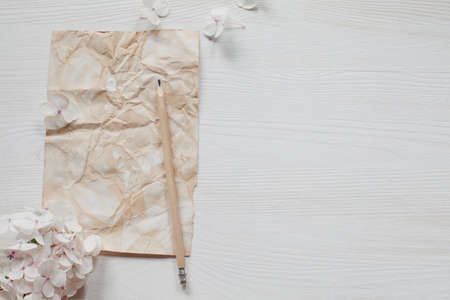 Rustic sheet of paper with pencil and hydrangea flowers on white wooden tableの写真素材