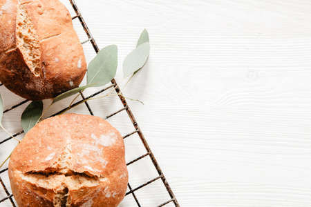 Homemade bread on a cooling rack with eucalyptus leavesの写真素材