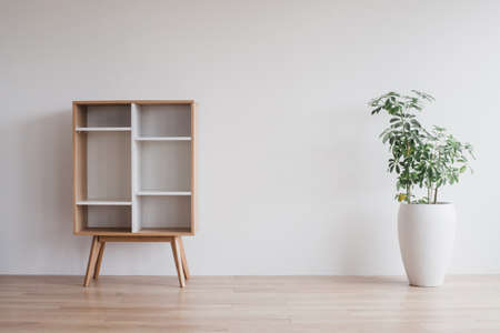 Scandinavian commode on white background with flower in with potの写真素材