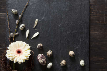Easter background with dark stone, gerbera flower in a wreath, fluffy willow and natural eggs with flying petalsの写真素材