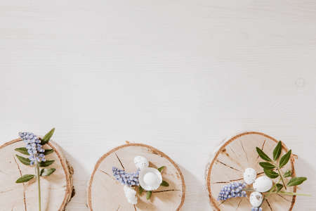 Wooden blocks with grape hyacinths, little eggs and green leaves on the bottom of white wooden tableの写真素材