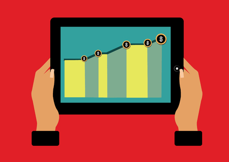 tablet computer with business graph on screen in businessman hands  のイラスト素材