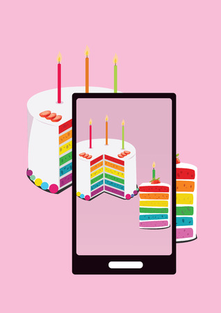 photo of rainbow cake and slice of cake with smartphoneのイラスト素材