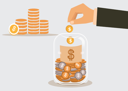 businessman putting a dollar coin into glass bottleのイラスト素材