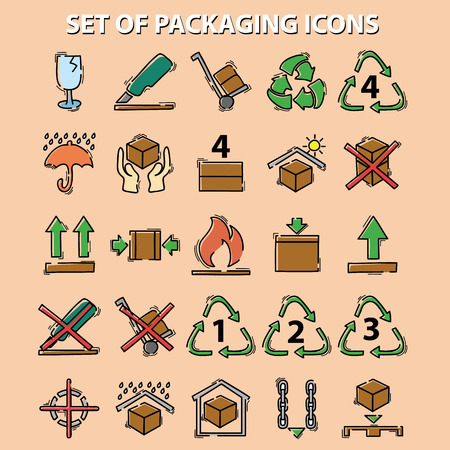 set of packaging icons (this side up, handle with care, fragile, keep dry, keep away from direct sunlight, flammable, bar code, recyclable)のイラスト素材