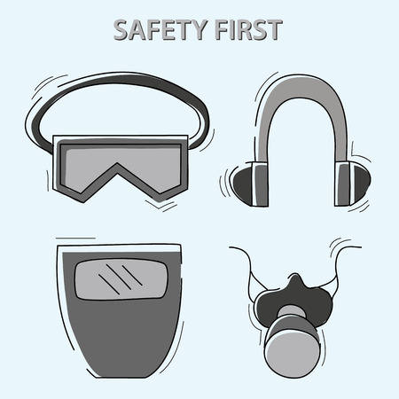 health and safety warning, mandatory signs (eye protector, respirator, ear protector). vector illustrationのイラスト素材