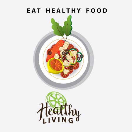 healthy food on a plate for healthy living. vector illustrationのイラスト素材