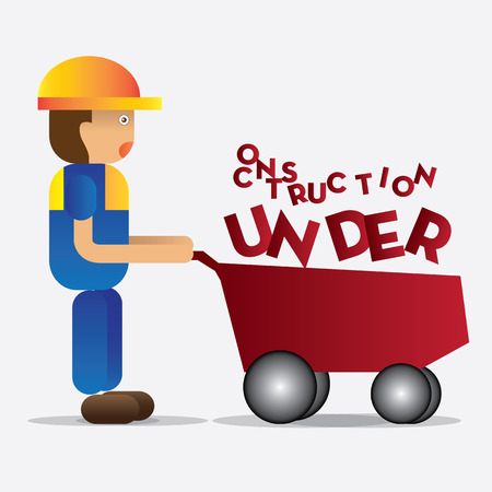 man holding trolley car with under construction fonts, vector illustrationのイラスト素材