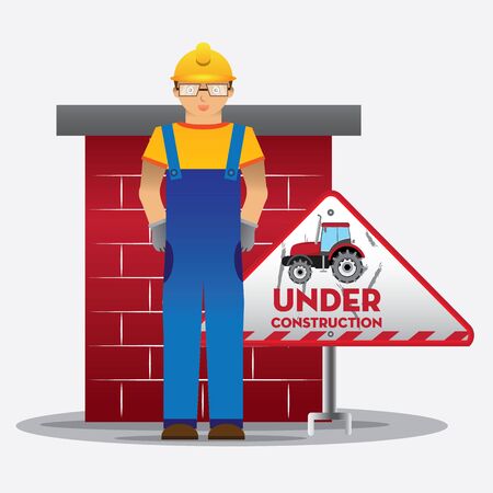 man worker with blue jumpsuit and yellow helmet in front of concrete with  under construction triangle sign, vector illustrationのイラスト素材