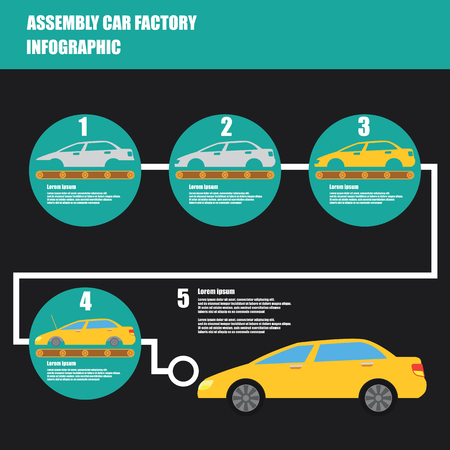assembly car infographic / assembly line and car factory production process. flat vector illustrationのイラスト素材