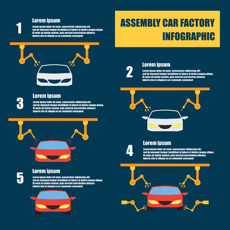 assembly car infographic / assembly line and car factory production process. flat vector illustrationのイラスト素材