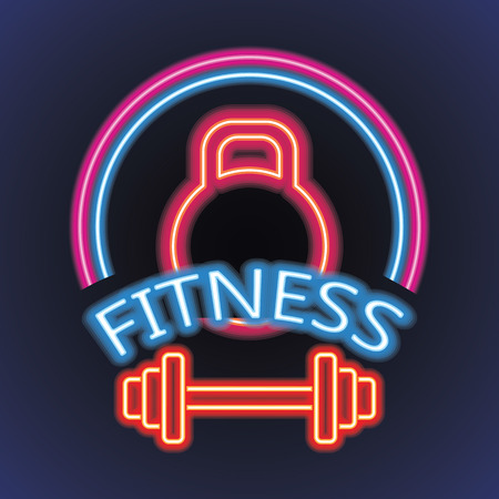 fitness gym center logo with neon light effect. vector illustrationのイラスト素材