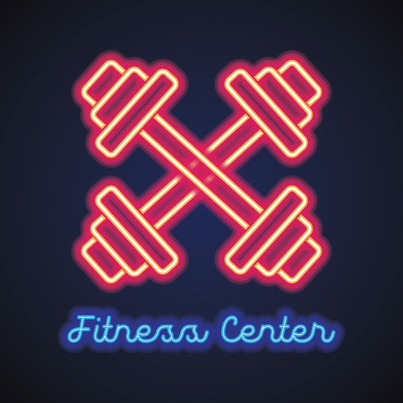 fitness gym center logo with neon light effect. vector illustrationのイラスト素材